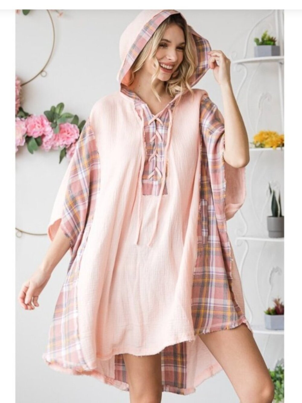 OLI & HALI Pink Plaid Mixed Media Oversize Hood Tunic Top sz OS (One Size)